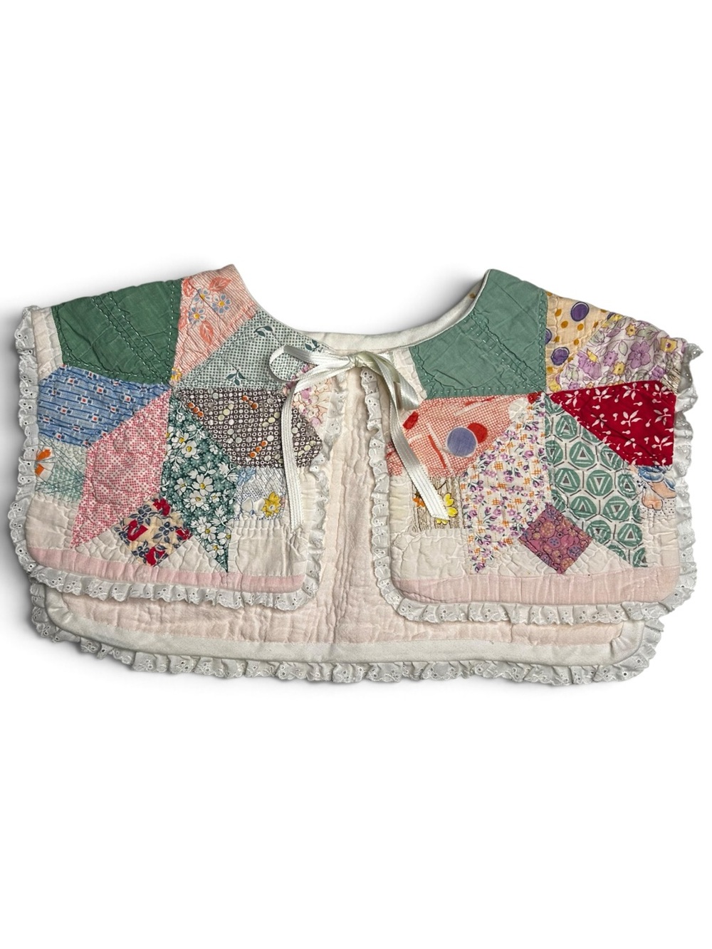 Vintage Handmade Patchwork Quilt Statement Collar Eyelet Lace Trimmed Ribbon Tie